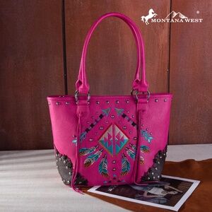 Montana West Embroidered Arrow Feather Collection Concealed Carry Tote Hot Pink